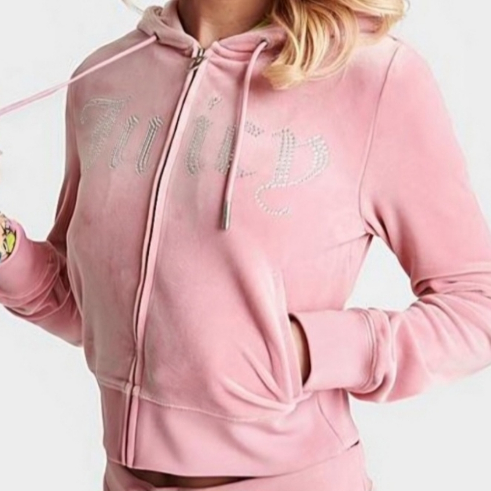NWT Juicy Couture Rose OG Big Bling Front Velour Zip Up Hoodie, SZ M